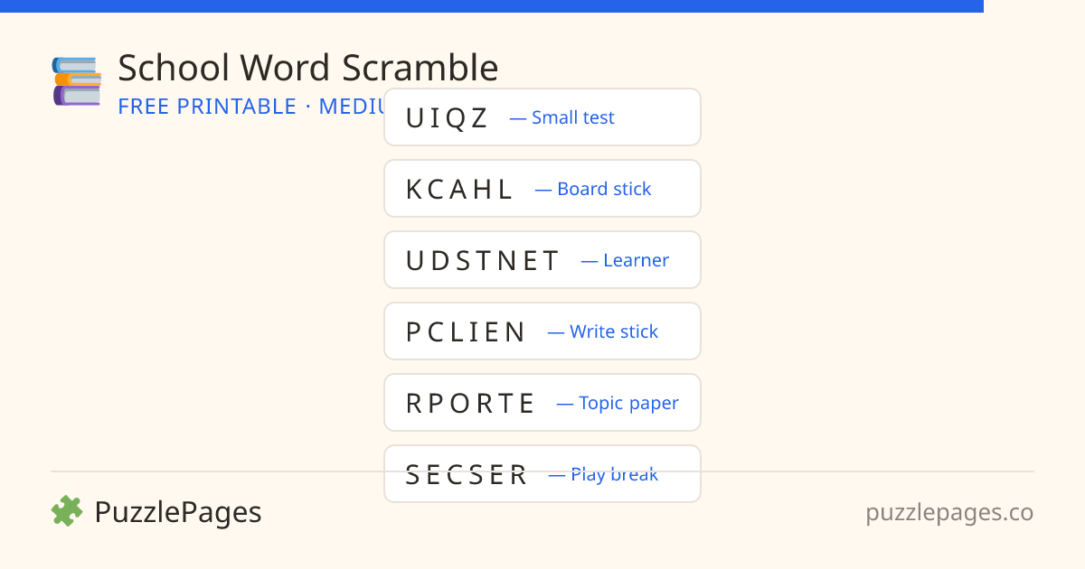 School Medium printable word scramble preview — free to print from PuzzlePages