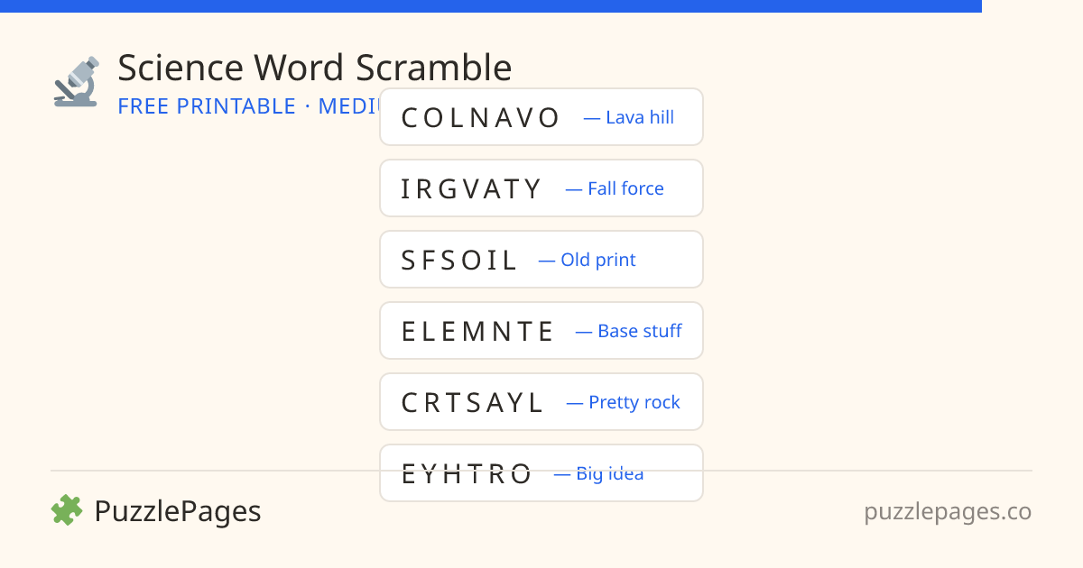 Science Medium printable word scramble preview — free to print from PuzzlePages