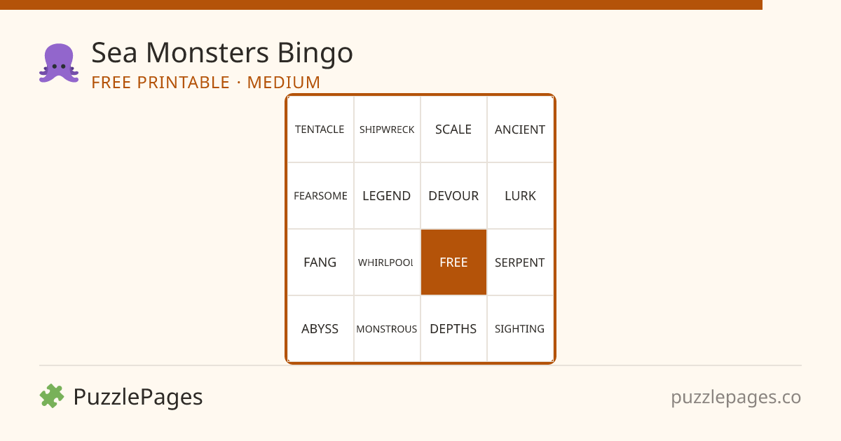 Sea Monsters Medium printable bingo preview — free to print from PuzzlePages