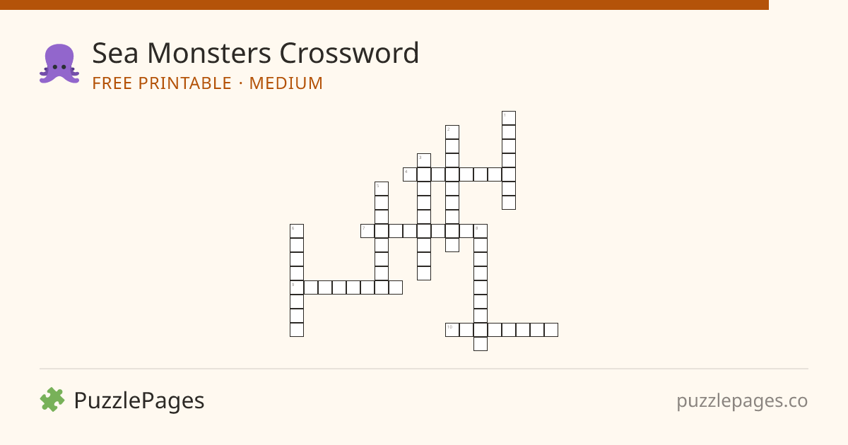 Sea Monsters Medium printable crossword preview — free to print from PuzzlePages