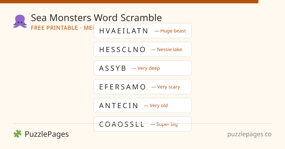 Sea Monsters Medium printable word scramble preview — free to print from PuzzlePages