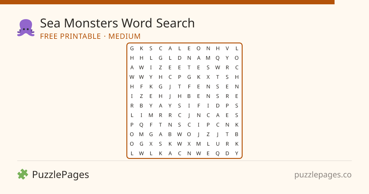 Sea Monsters Medium printable word search preview — free to print from PuzzlePages