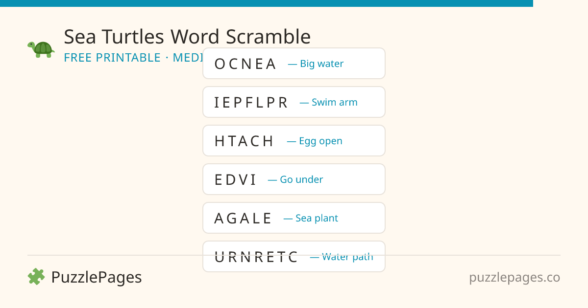 Sea Turtles Medium printable word scramble preview — free to print from PuzzlePages