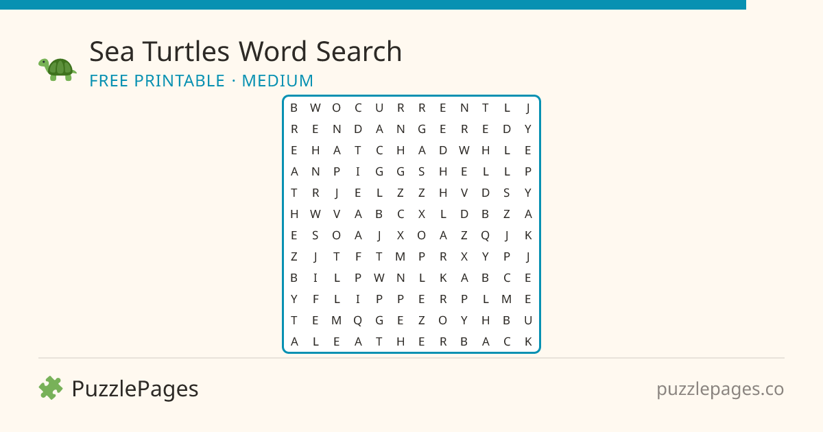 Sea Turtles Medium printable word search preview — free to print from PuzzlePages
