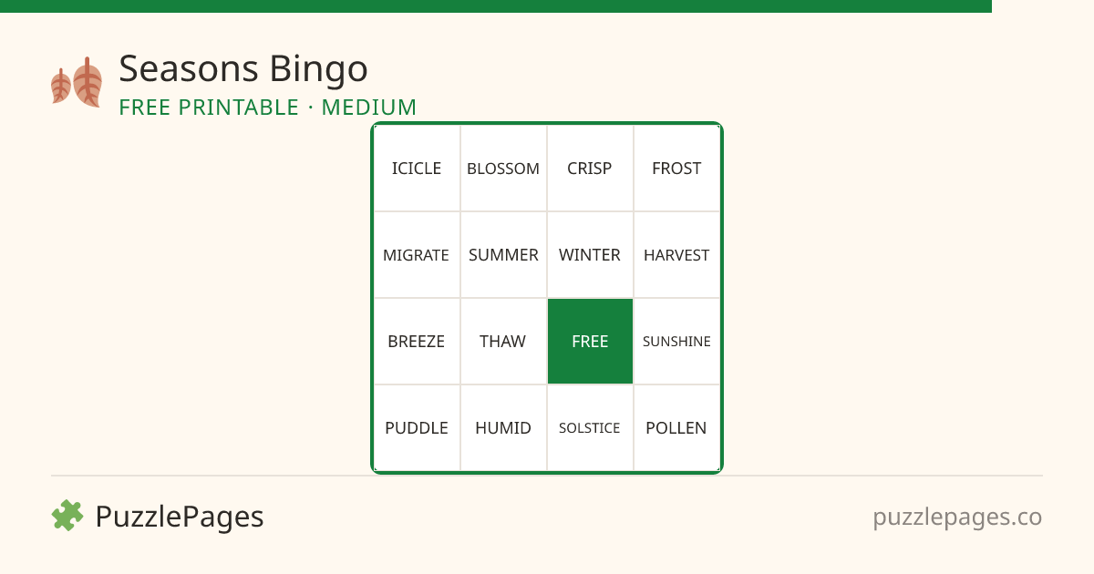 Seasons Medium printable bingo preview — free to print from PuzzlePages