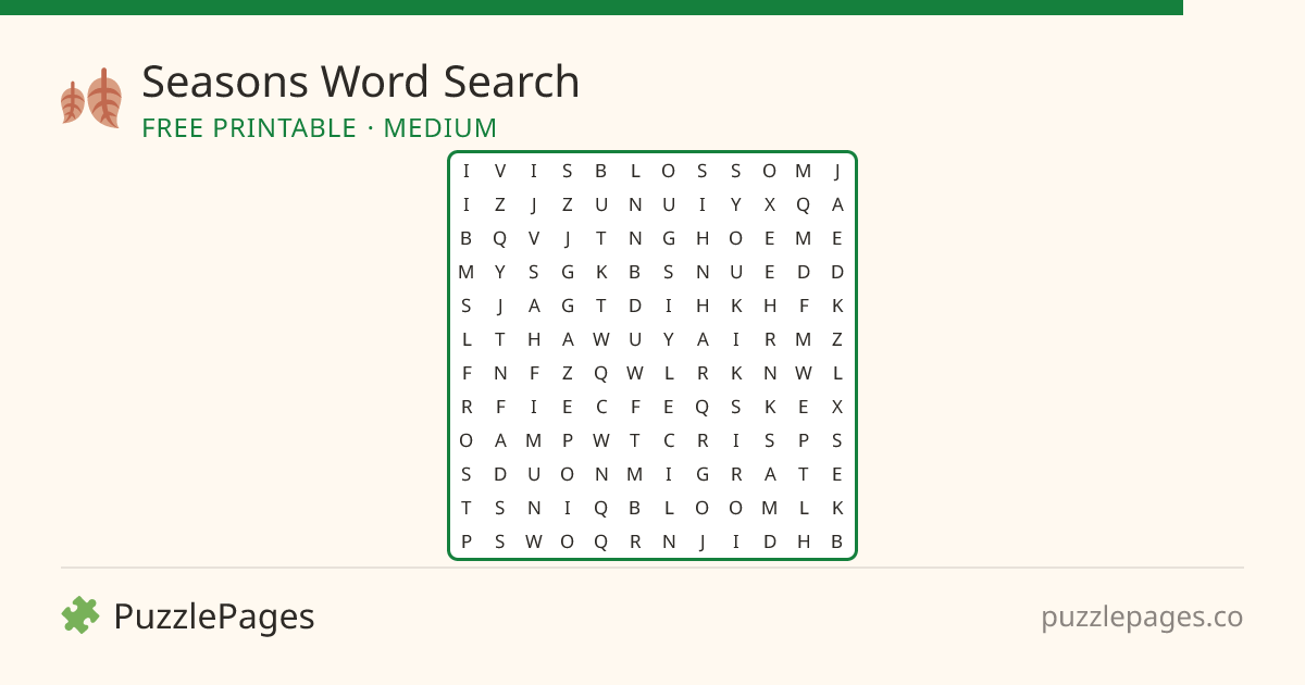 Seasons Medium printable word search preview — free to print from PuzzlePages
