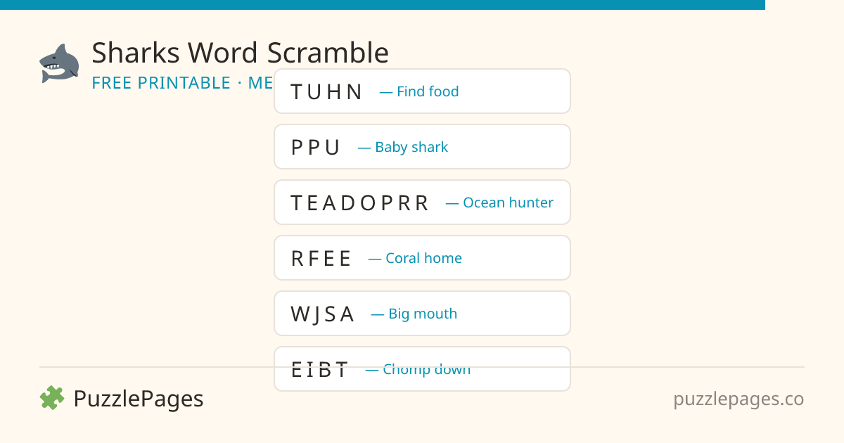 Sharks Medium printable word scramble preview — free to print from PuzzlePages