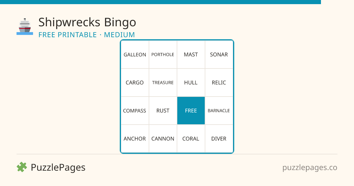 Shipwrecks Medium printable bingo preview — free to print from PuzzlePages