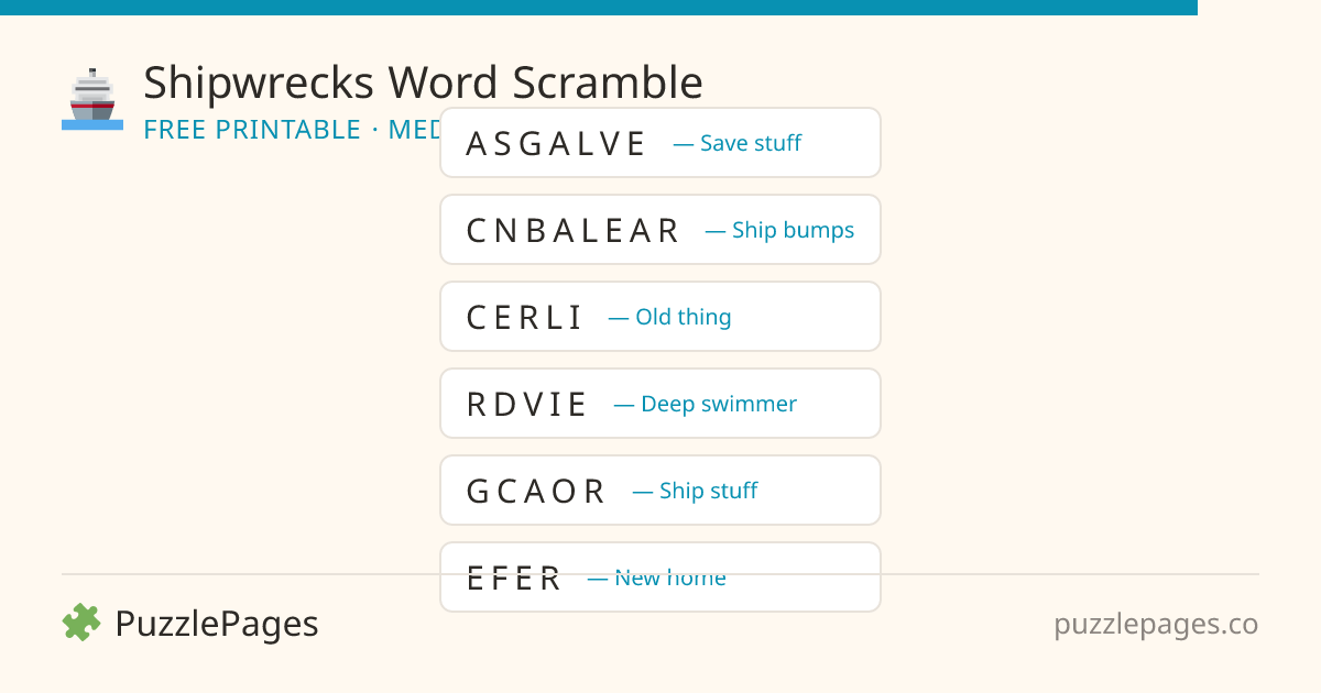 Shipwrecks Medium printable word scramble preview — free to print from PuzzlePages