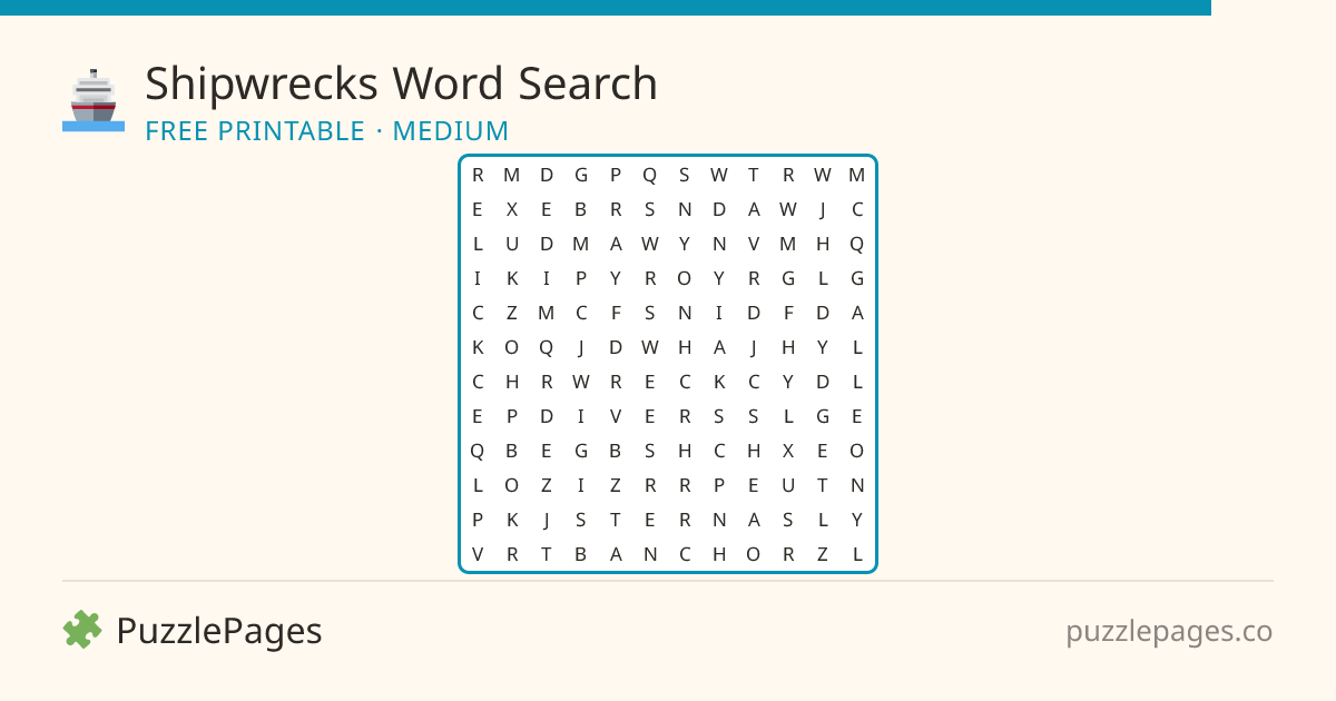 Shipwrecks Medium printable word search preview — free to print from PuzzlePages