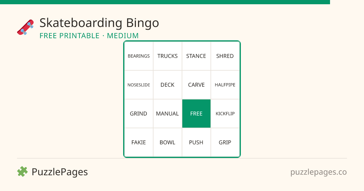 Skateboarding Medium printable bingo preview — free to print from PuzzlePages