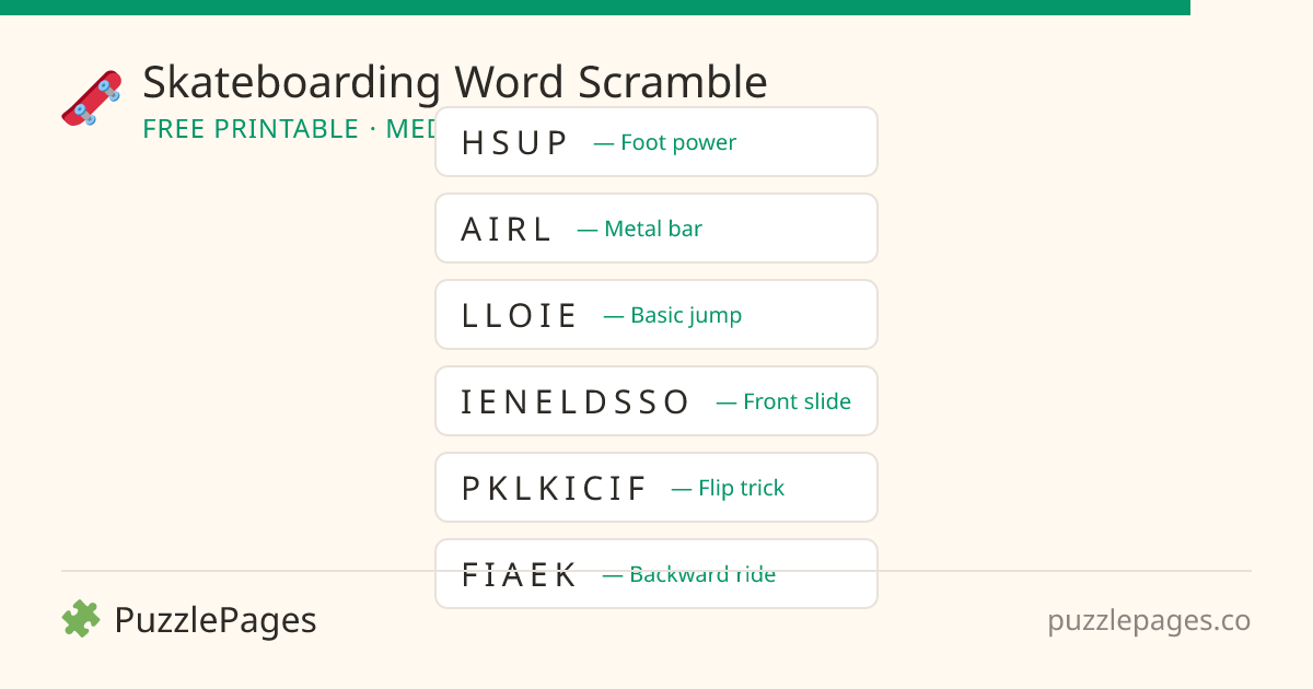 Skateboarding Medium printable word scramble preview — free to print from PuzzlePages