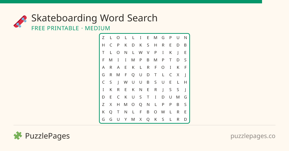Skateboarding Medium printable word search preview — free to print from PuzzlePages