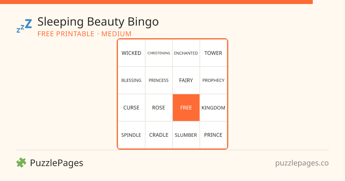 Sleeping Beauty Medium printable bingo preview — free to print from PuzzlePages