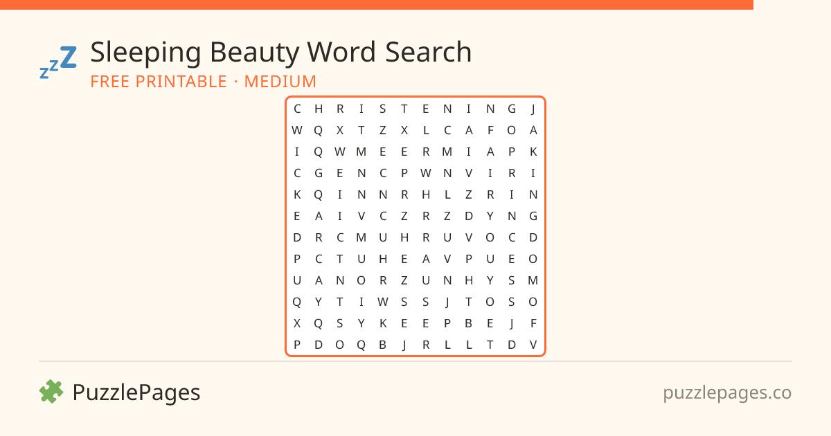 Sleeping Beauty Medium printable word search preview — free to print from PuzzlePages