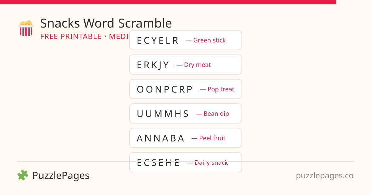 Snacks Medium printable word scramble preview — free to print from PuzzlePages
