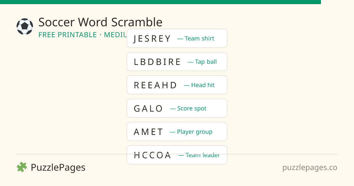 Soccer Medium printable word scramble preview — free to print from PuzzlePages