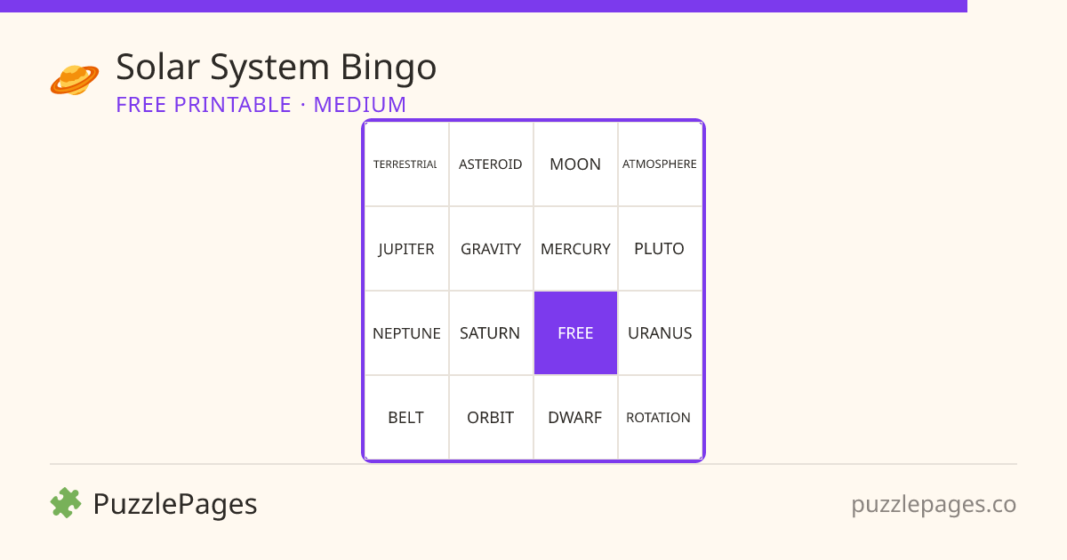 Solar System Medium printable bingo preview — free to print from PuzzlePages