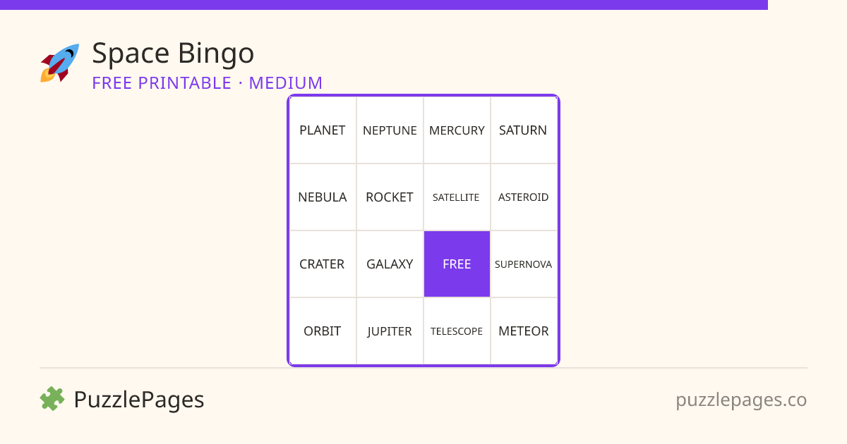 Space Medium printable bingo preview — free to print from PuzzlePages