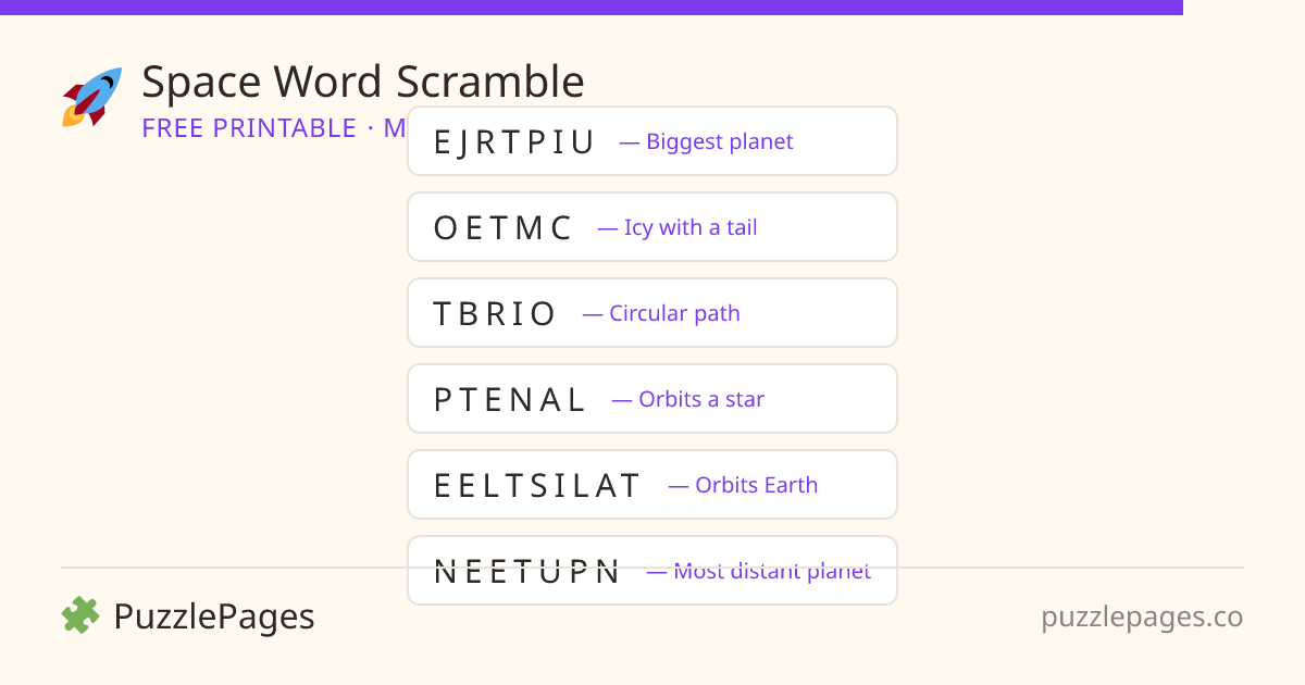 Space Medium printable word scramble preview — free to print from PuzzlePages