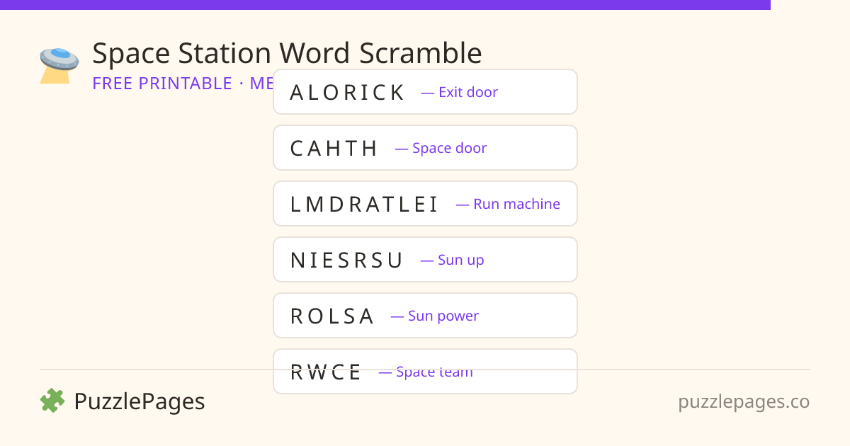 Space Station Medium printable word scramble preview — free to print from PuzzlePages