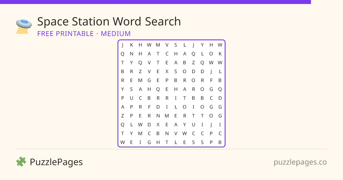Space Station Medium printable word search preview — free to print from PuzzlePages