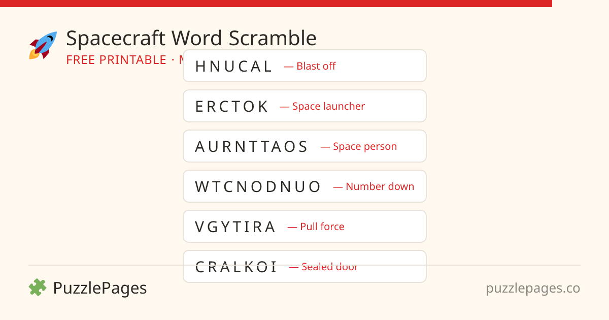 Spacecraft Medium printable word scramble preview — free to print from PuzzlePages