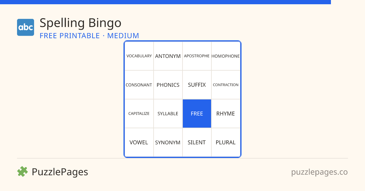 Spelling Medium printable bingo preview — free to print from PuzzlePages