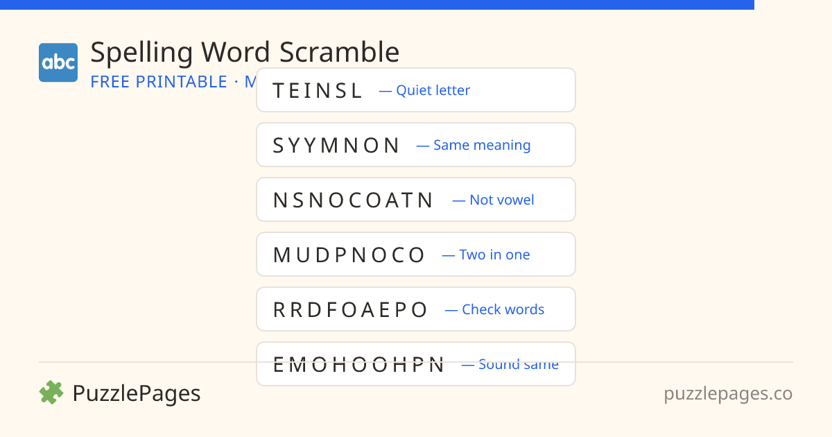 Spelling Medium printable word scramble preview — free to print from PuzzlePages