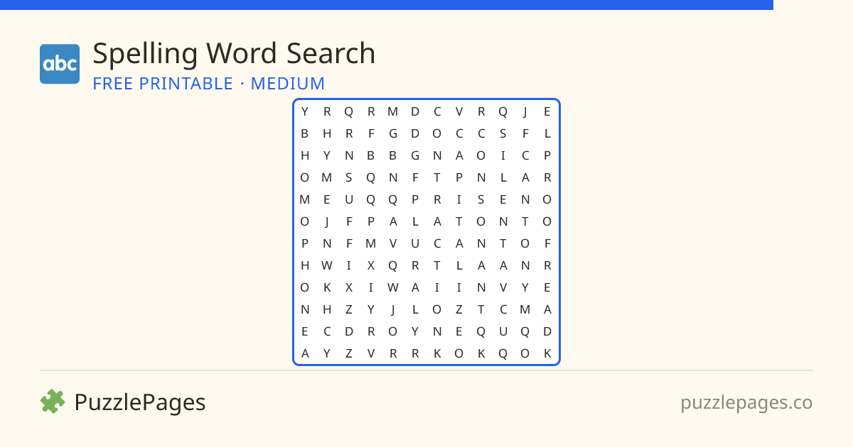 Spelling Medium printable word search preview — free to print from PuzzlePages