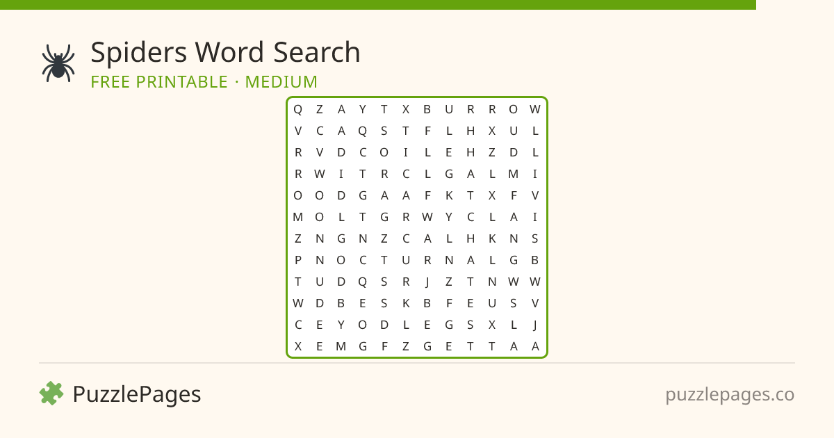 Spiders Medium printable word search preview — free to print from PuzzlePages