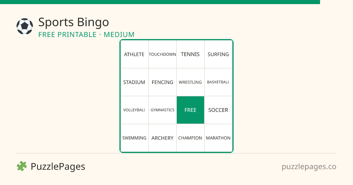 Sports Medium printable bingo preview — free to print from PuzzlePages