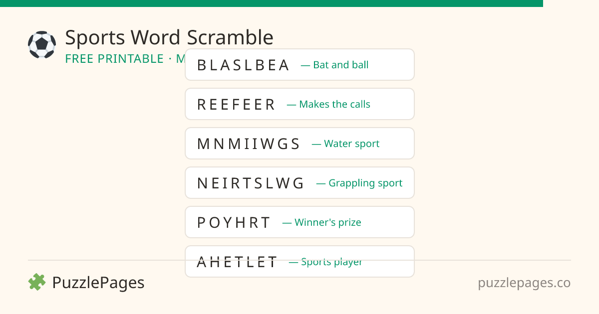 Sports Medium printable word scramble preview — free to print from PuzzlePages