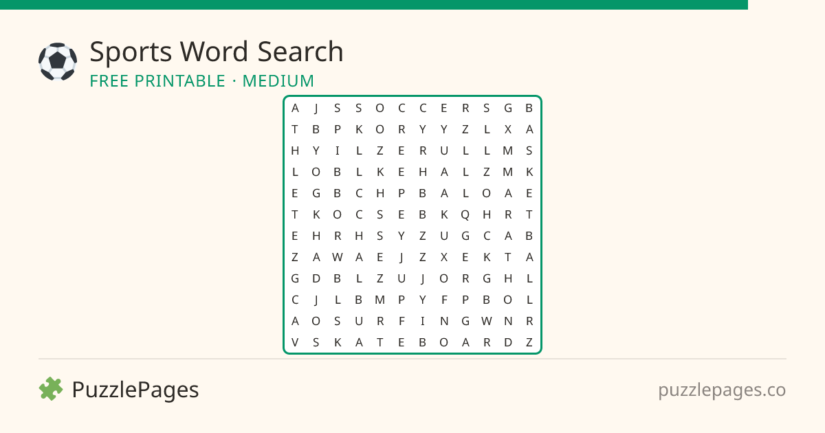 Sports Medium printable word search preview — free to print from PuzzlePages