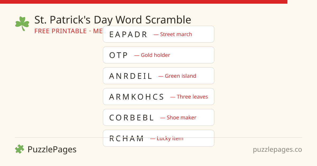 St. Patrick's Day Medium printable word scramble preview — free to print from PuzzlePages