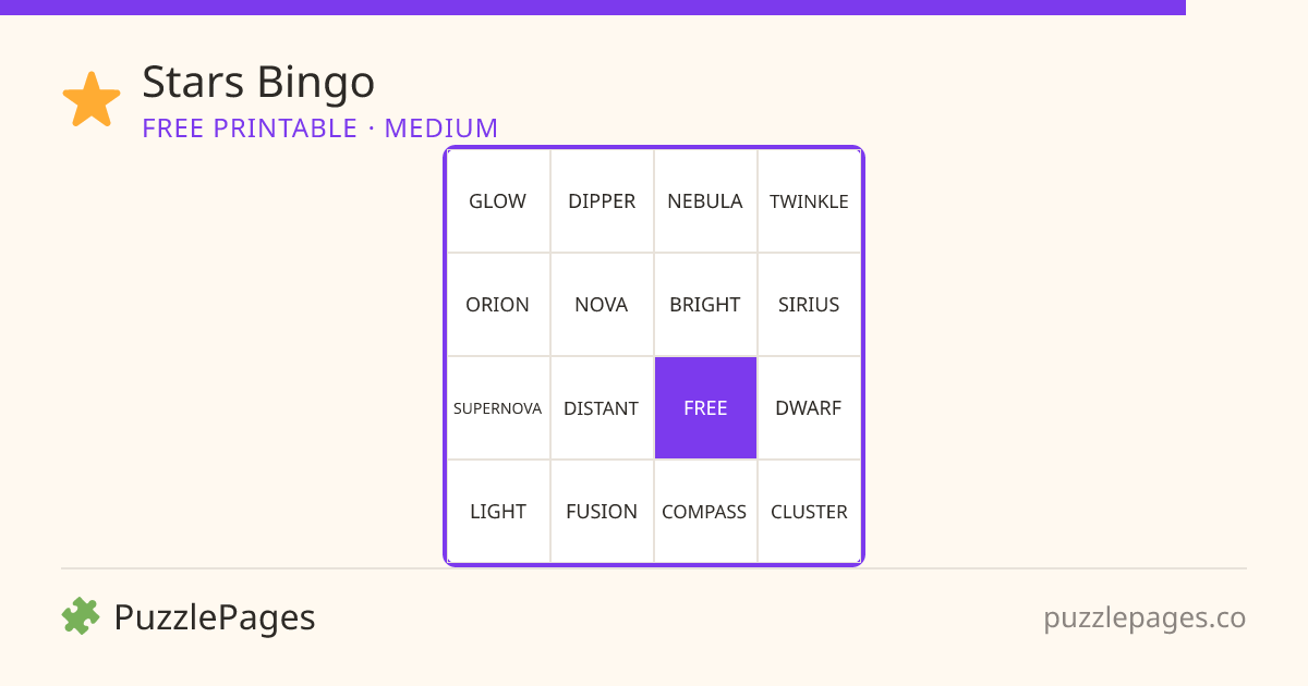 Stars Medium printable bingo preview — free to print from PuzzlePages