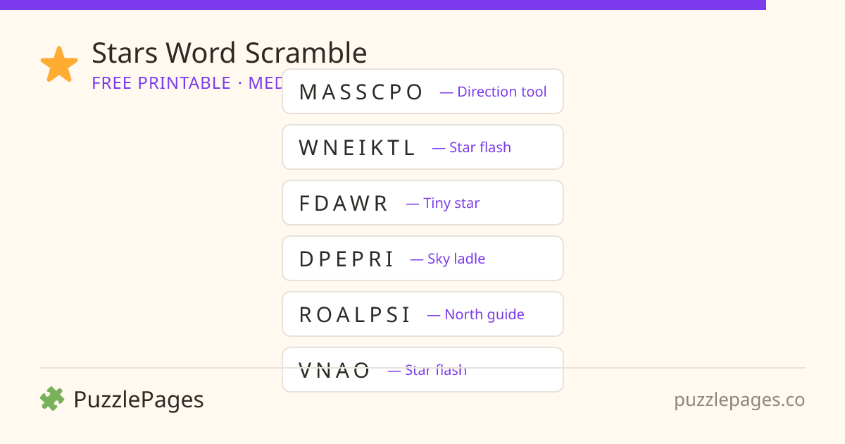 Stars Medium printable word scramble preview — free to print from PuzzlePages