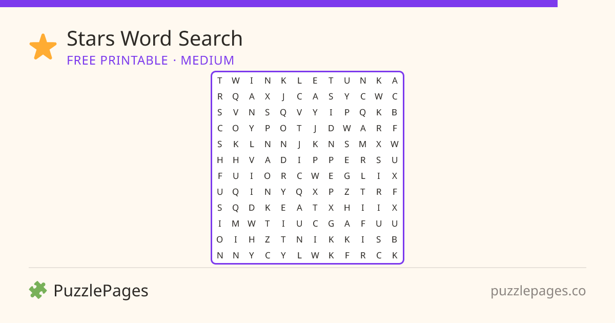Stars Medium printable word search preview — free to print from PuzzlePages