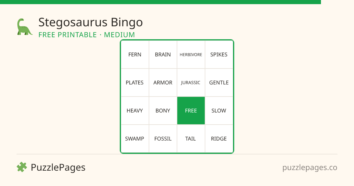 Stegosaurus Medium printable bingo preview — free to print from PuzzlePages