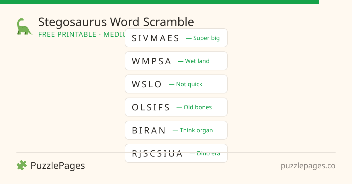 Stegosaurus Medium printable word scramble preview — free to print from PuzzlePages