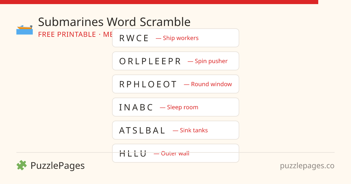 Submarines Medium printable word scramble preview — free to print from PuzzlePages