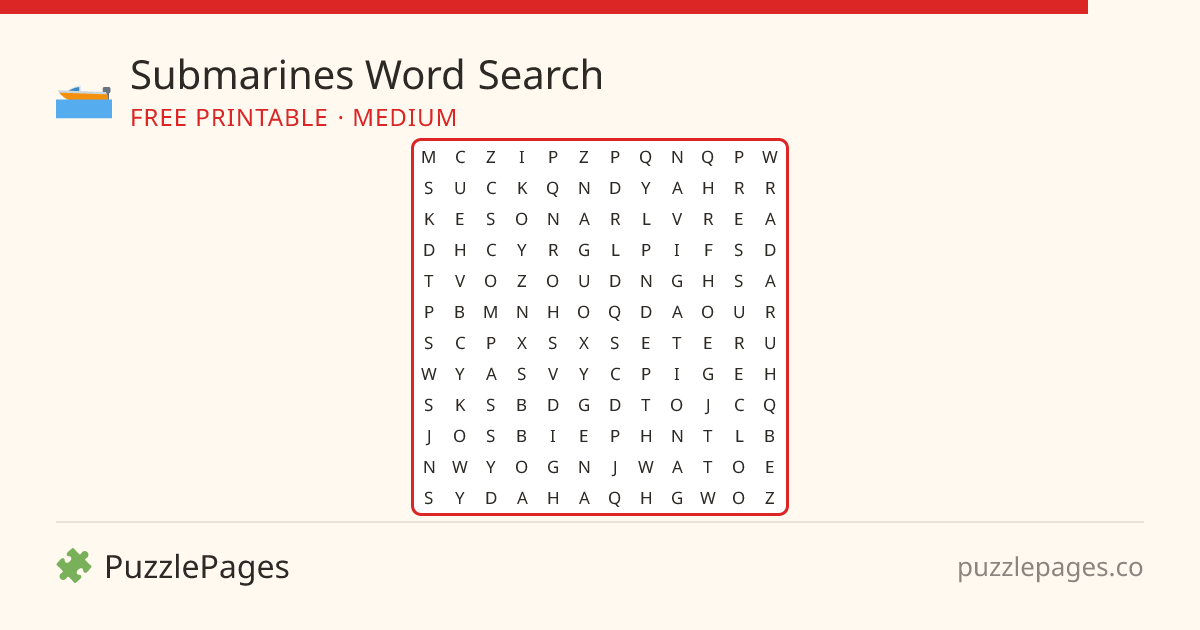 Submarines Medium printable word search preview — free to print from PuzzlePages