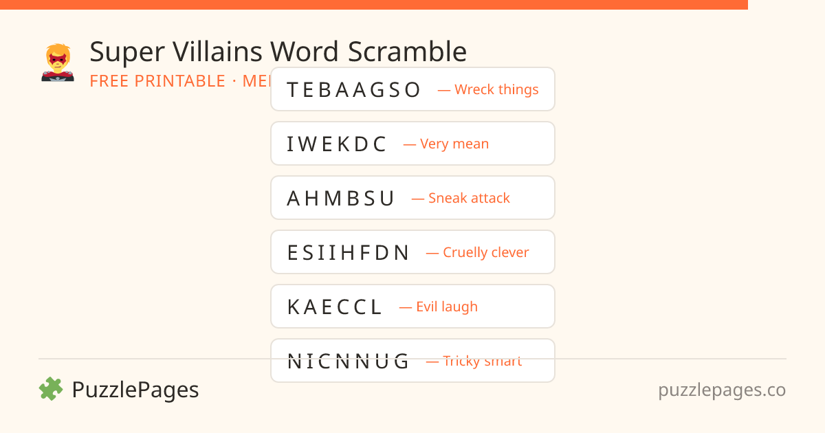 Super Villains Medium printable word scramble preview — free to print from PuzzlePages