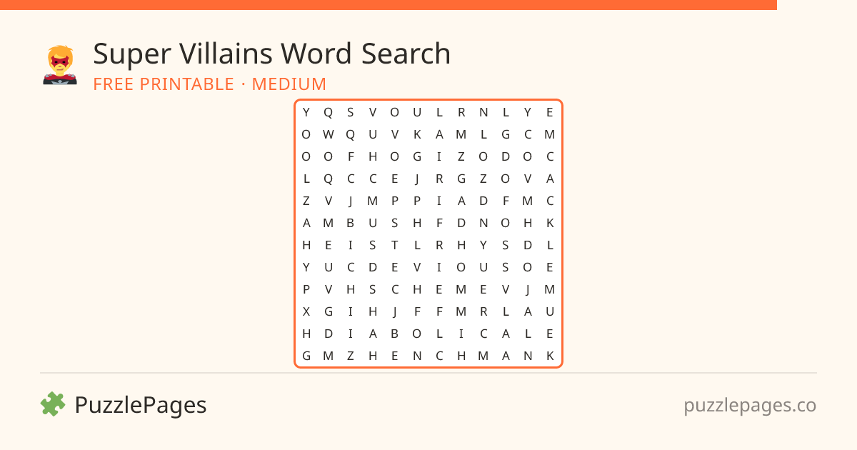 Super Villains Medium printable word search preview — free to print from PuzzlePages