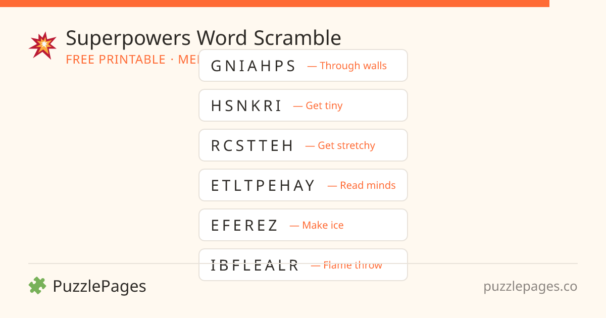 Superpowers Medium printable word scramble preview — free to print from PuzzlePages