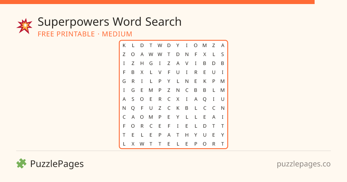 Superpowers Medium printable word search preview — free to print from PuzzlePages