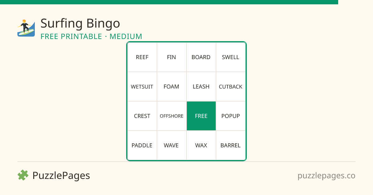 Surfing Medium printable bingo preview — free to print from PuzzlePages