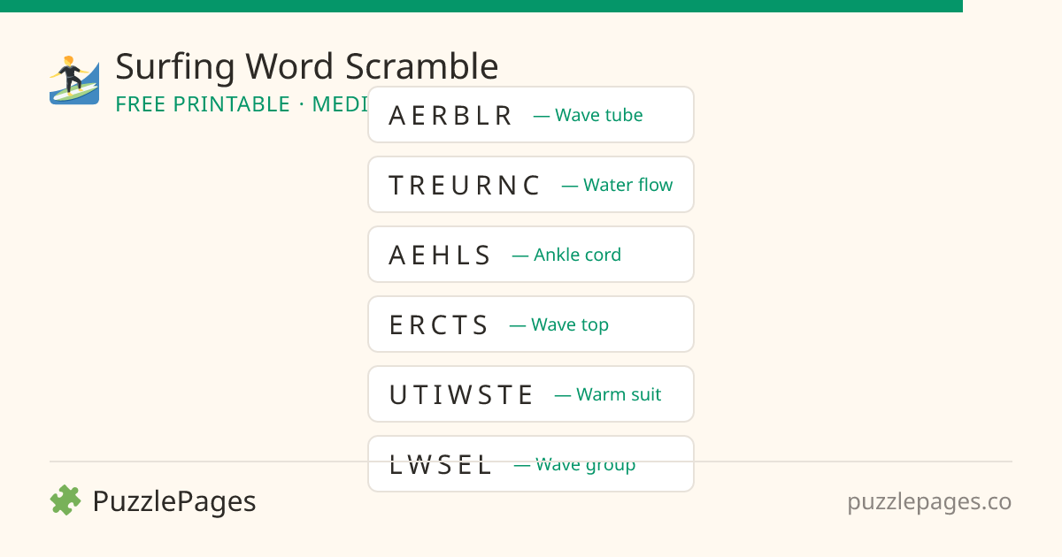 Surfing Medium printable word scramble preview — free to print from PuzzlePages