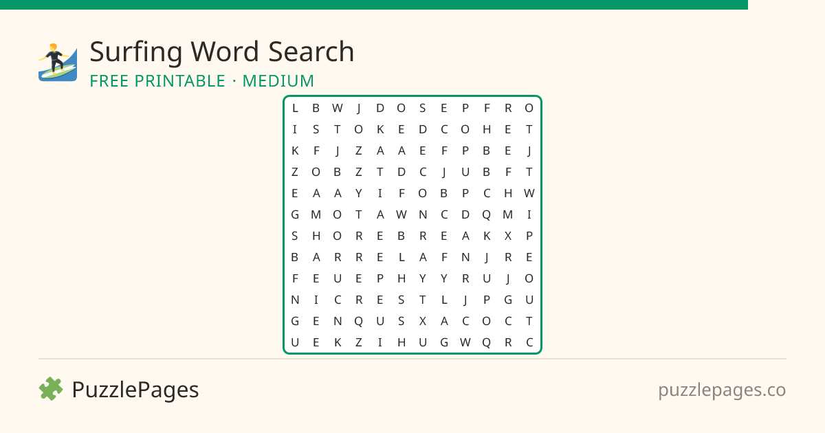 Surfing Medium printable word search preview — free to print from PuzzlePages