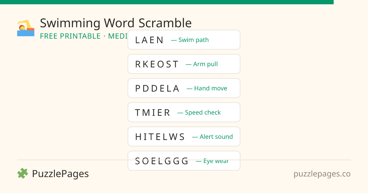 Swimming Medium printable word scramble preview — free to print from PuzzlePages